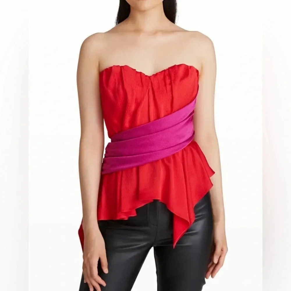 AMUR Red Strapless Peplum Top with Pink Waist Sash